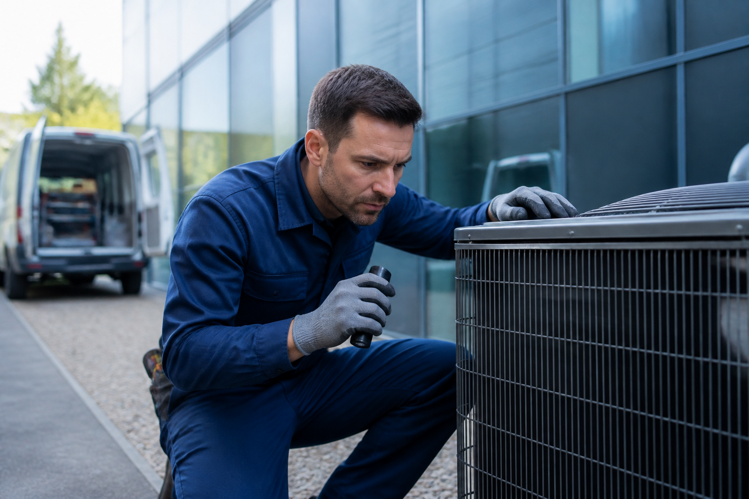 HVAC technician inspecting an outdoor condenser unit